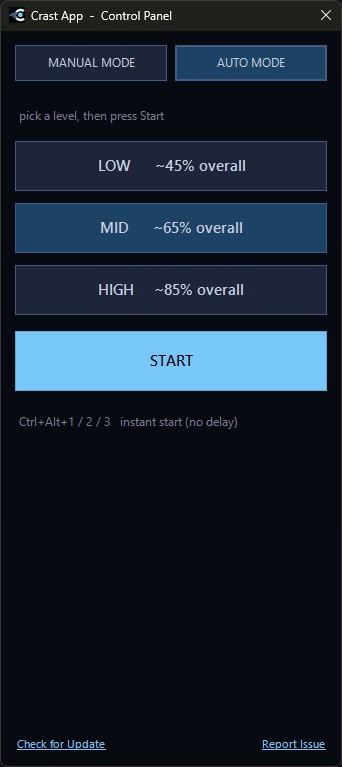 Crast Auto Mode panel with Low, Mid, and High level buttons and a Start button