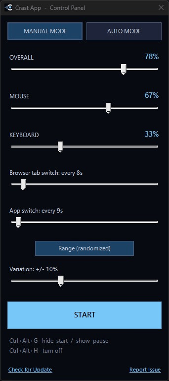 Crast Manual Mode panel with Overall, Mouse, Keyboard, Browser tab switch, App switch, and Variation sliders